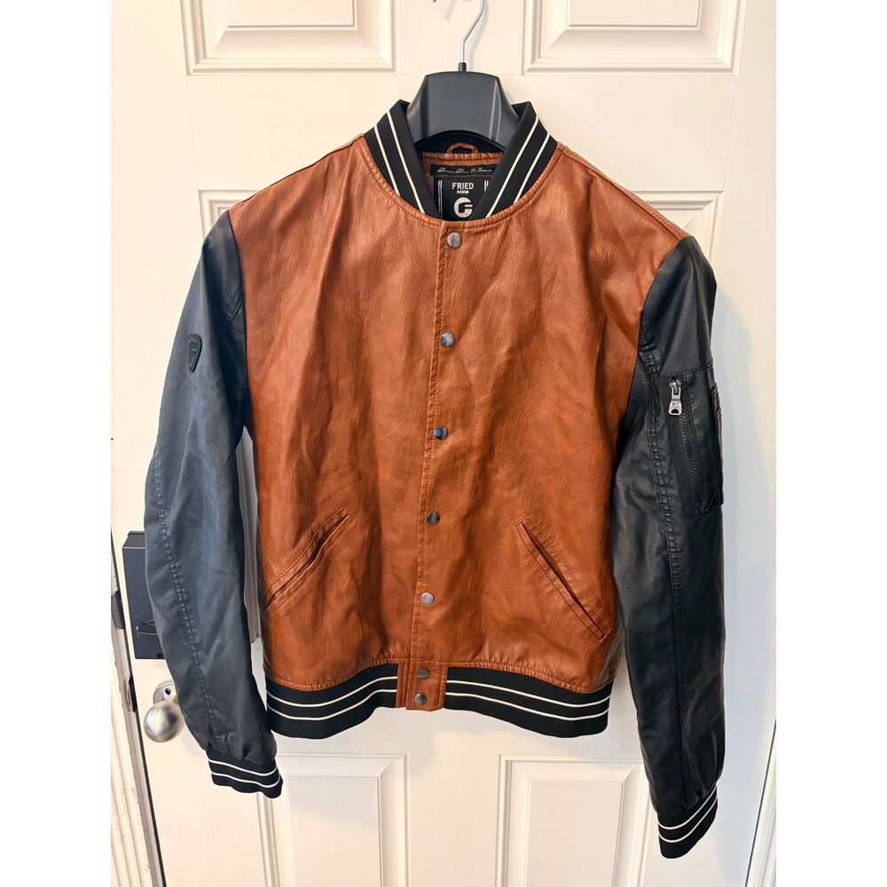 FRIED DENIM Size XL Men's Brown/Black Faux Leather Varsity Jacket Snap Front